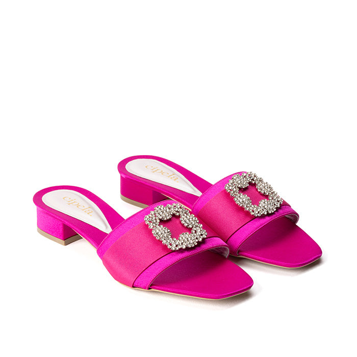 CIARA Brooch Satin Mules - Fuchsia Pink