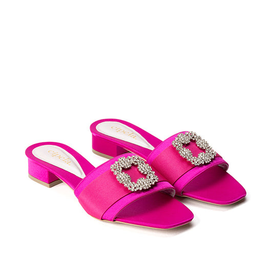 CIARA Brooch Satin Mules - Fuchsia Pink