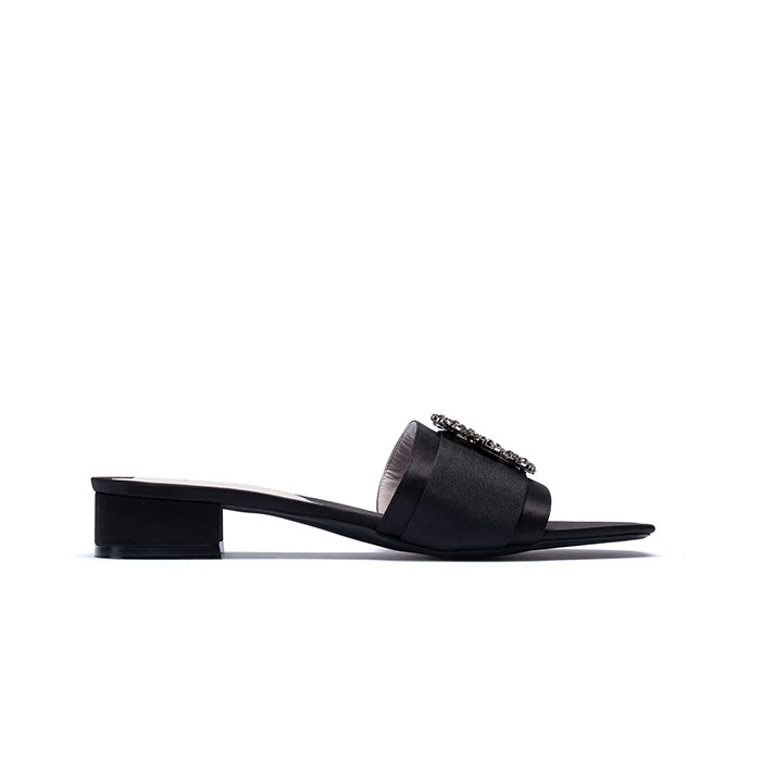 CIARA Brooch Satin Mules - Midnight Black