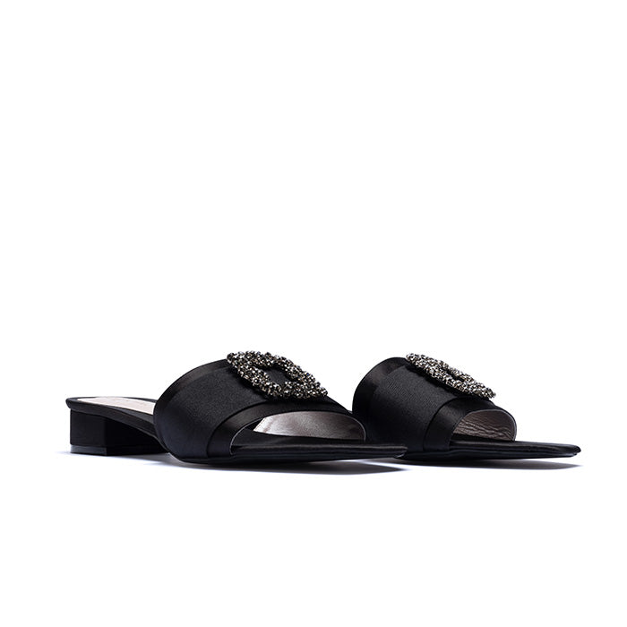 CIARA Brooch Satin Mules - Midnight Black