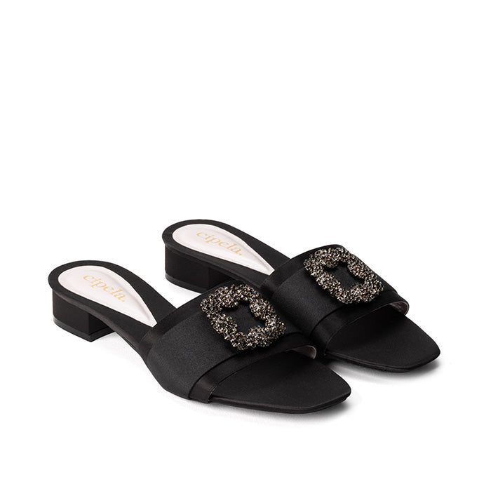 CIARA Brooch Satin Mules - Midnight Black