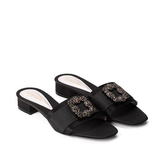 CIARA Brooch Satin Mules - Midnight Black