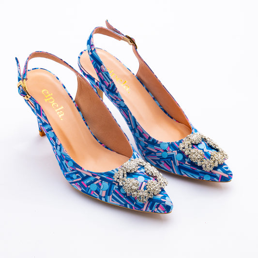 LARA Print Slingback Heels - Blue Alice